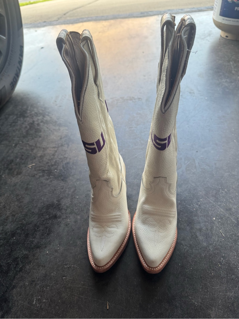Women's White Leather Western Heeled Boots with Purple Logo Detail
